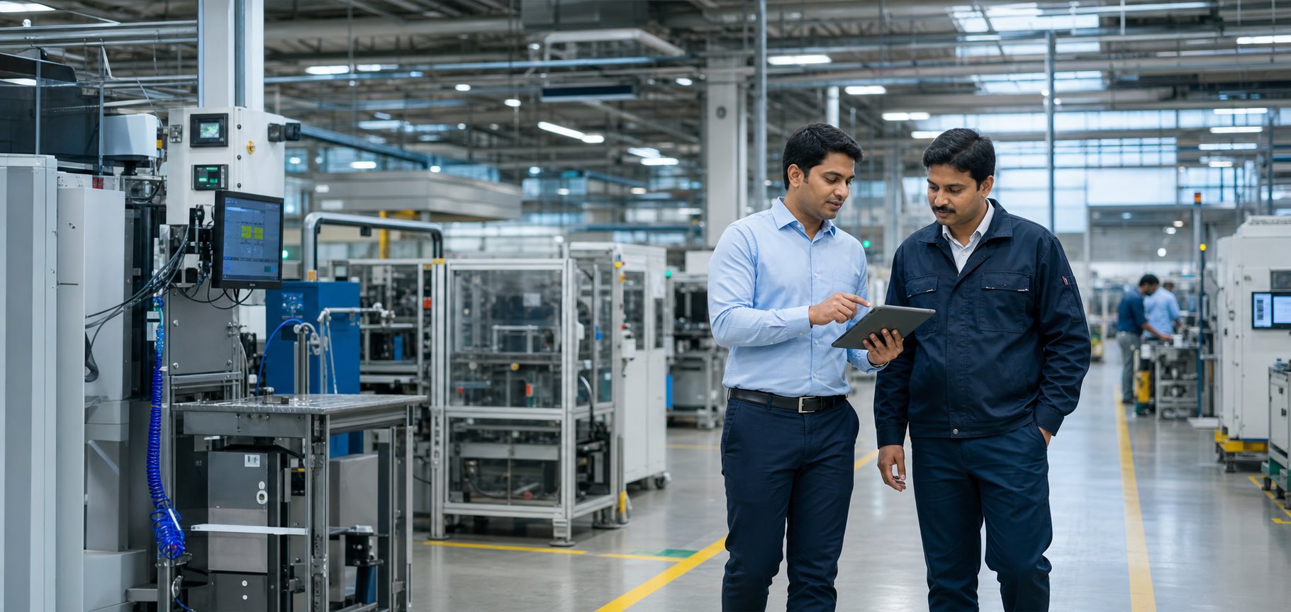 IT specialist and operations manager reviewing connected manufacturing systems
